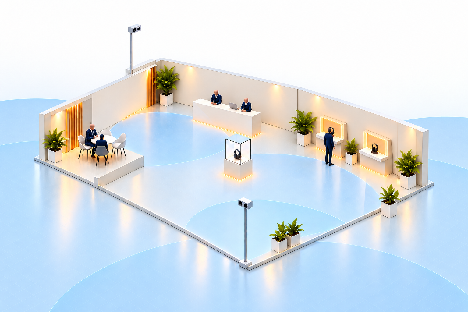 Isometric booth with floor coverage and cameras at opposite corners. Directional traffic enters and leaves the booth, with passing traffic in both aisle directions.