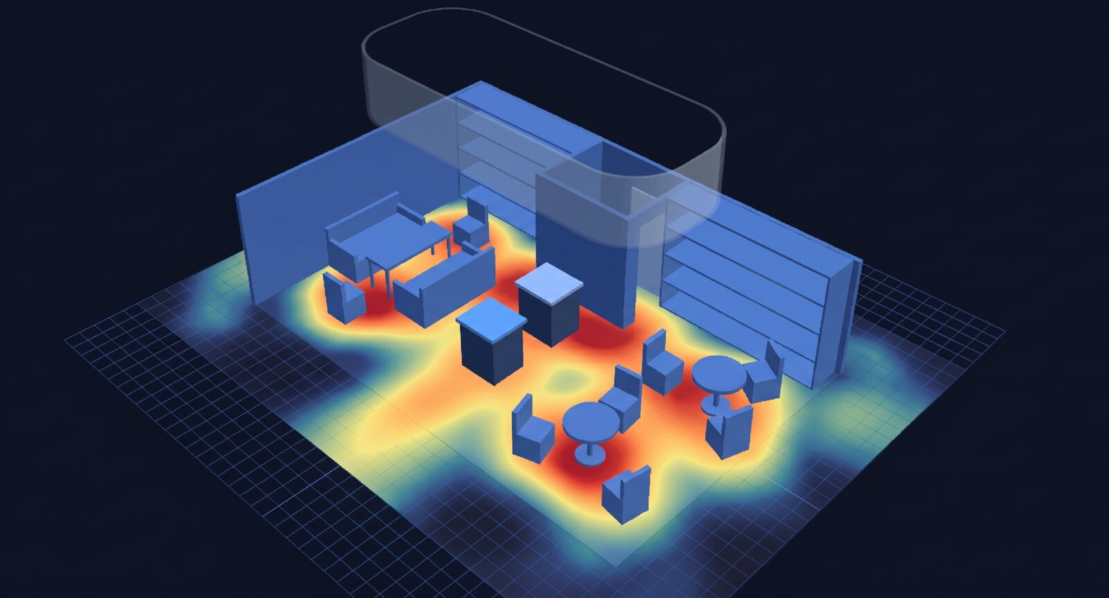 A booth modeled in BoothSight Studio with a floor heat map from a real show
